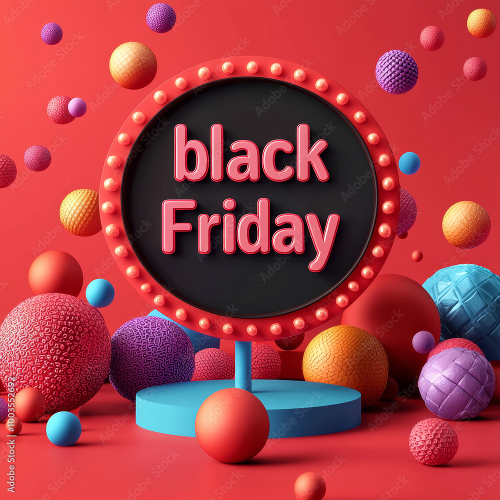 Poster colorful black friday display with playful textures and shapes on a bright red background