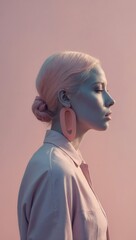 Woman with light pink hair in pastel tones, wearing matching makeup and large earrings