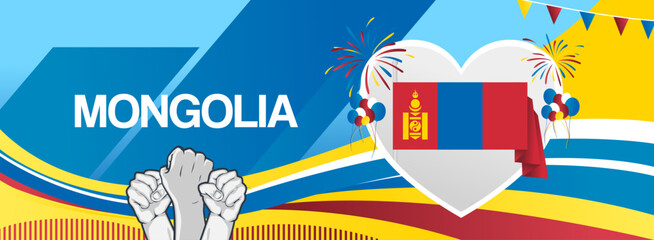 Modern banner for Mongolia national day with flag. Abstract background for holiday celebration, independence day greeting card, poster sport and music event. Horizontal templates