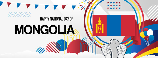 Modern banner for Mongolia national day with flag. Abstract background for holiday celebration, independence day greeting card, poster sport and music event. Horizontal templates