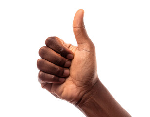 Black hand with thumb up, making the ok symbol. with white background isolate