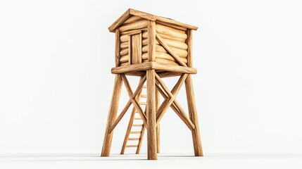 Wooden observation tower with ladder, white isolate background.