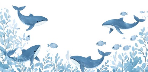 Fototapeta premium Watercolor Whales and Fish in a Blue Ocean Scene.