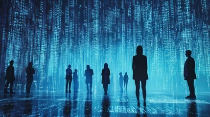 Human silhouettes standing in a blue-toned digital landscape filled with codes symbolizing data and technology