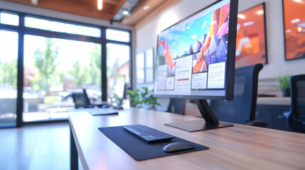 Naklejka premium A modern office desk with a computer, keyboard, and mouse.