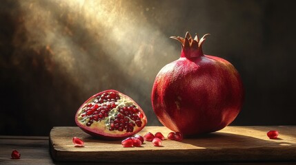 Whole pomegranate placed next to a sliced one, with glistening seeds scattered on a rustic wooden board, sunlight streaming in.