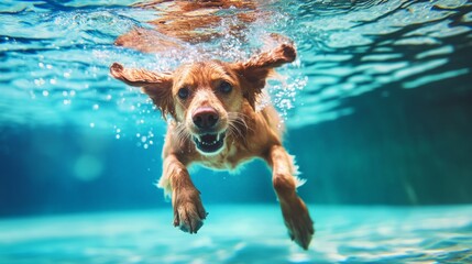 A golden retriever dog swims underwater in a pool with its ears up and mouth open.