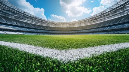 Fototapeta premium Wide-angle view of an empty soccer field inside a massive football stadium, with clear white lines and green grass under a bright sky.