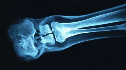 Naklejka premium X-ray scan of a fractured bone in high resolution, showing fine details for medical diagnostics and orthopedic analysis.