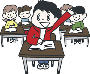 教室で元気に挙手するクラスメイトの友達