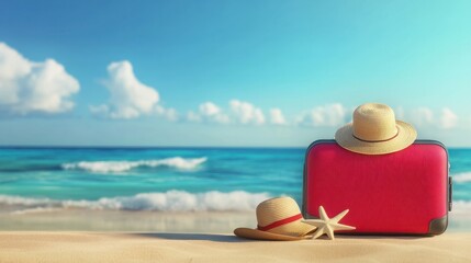 luggage and summer hat on the beach, vacation and travel concept