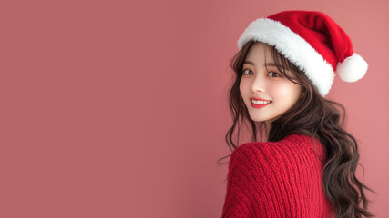 Korean woman smiling in christmas wear and santa claus hat isolated on pastel