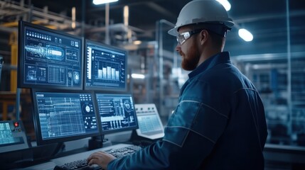 Main engineer following the plant process using Industry 4.0. Operator control process of production uses computer screens with SCADA system.