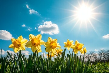 A cluster of yellow daffodils bloom in a field of green grass against a bright blue sky with a sun shining through white clouds.