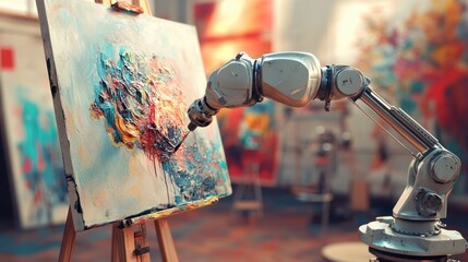 Mechanical robot arm is painting ki art. Generative ai.