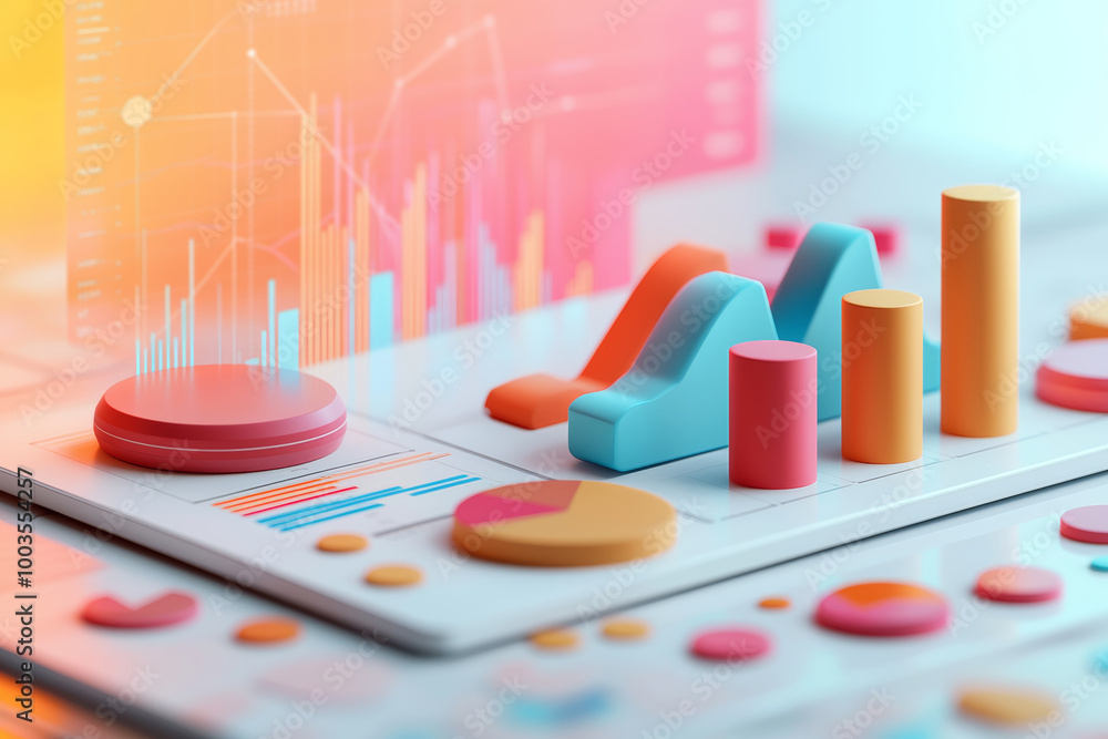 Poster colorful charts and graphs illustrating data analytics trends on a digital interface