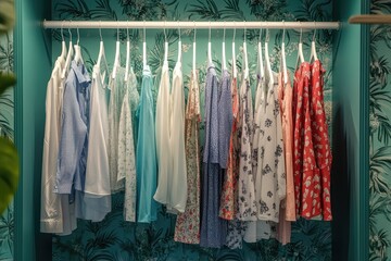 A closet with various patterned clothes hanging on hangers. This photo depicts a neat and organized wardrobe, perfect for illustrating concepts related to fashion, storage, or organization.