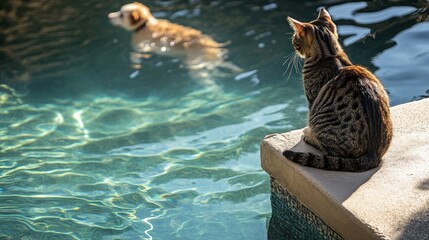 A tabby cat sits on the edge of a pool, watching a dog swim in the water.