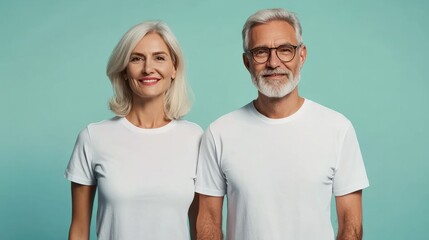 Old mature couple with matching Mockup White t-shirt Mockup , happy lovely man and woman