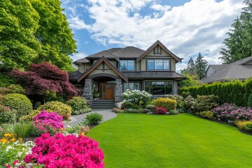 A beautiful two-story house with a well-maintained front lawn and flowerbeds.