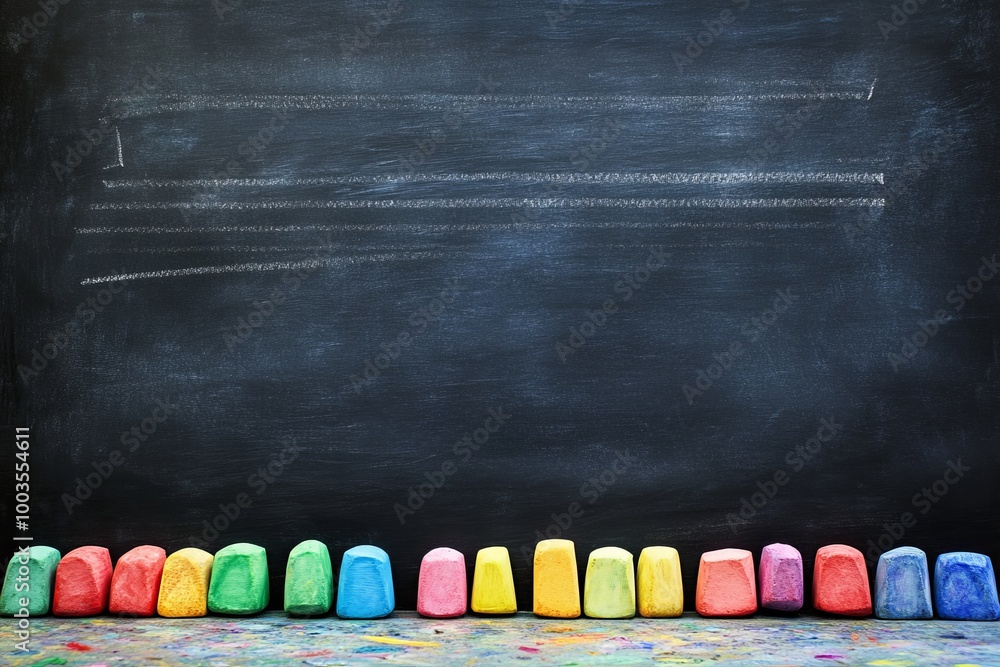 Poster colorful chalks on a blank chalkboard with space for text.