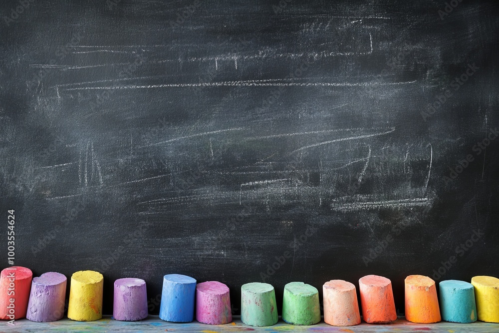 Poster colorful chalk sticks on a blackboard background with space for text.