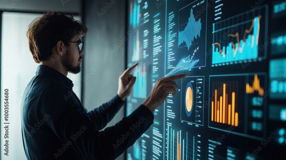 Poster person presenting and evaluating data chart - illustration created with generative ai