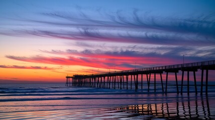 Fototapeta premium Wooden jetty stretching into the calm ocean, painted orange by the setting sun