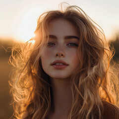 Naklejka premium A woman with long brown hair and a red nose is smiling at the camera. The sun is shining on her face, making her look even more beautiful