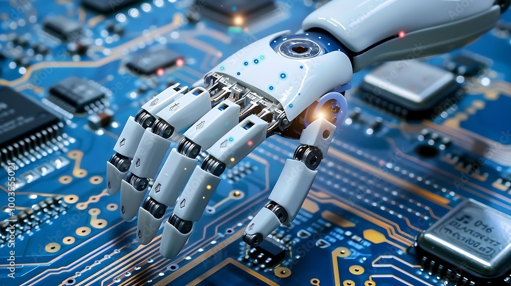 Poster robotic hand on a circuit board, symbolizing technology and artificial intelligence.