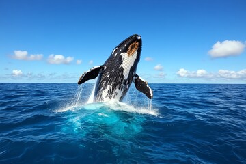 Obraz premium A whale breaching the ocean surface, its massive body emerging from the water, with the open sea stretching to the horizon