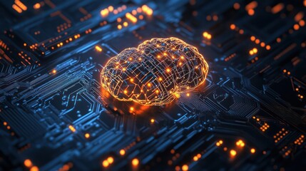 A glowing brain sits atop a circuit board, representing the future of artificial intelligence.