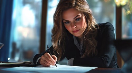 Fototapeta premium Professional woman signing contract: Business negotiation, legal agreement, corporate deal closing scene