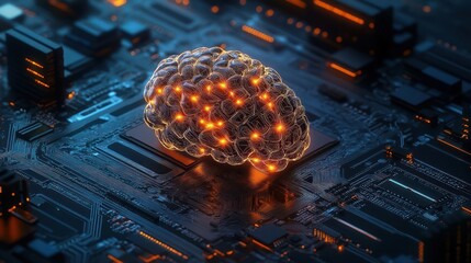 A glowing digital brain sits on a circuit board, representing artificial intelligence.