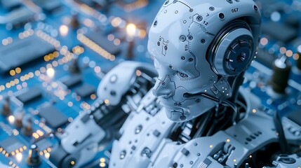 Fototapeta premium Humanoid robot's head showing a complex design with intricate details. The robot is positioned on a circuit board, highlighting the technological aspects of artificial intelligence.