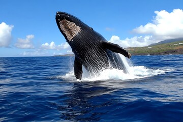 Fototapeta premium A whale breaching the ocean surface, its massive body emerging from the water, with the open sea stretching to the horizon