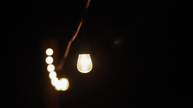 Strings of vintage edison light bulbs lighting up a dark night.
