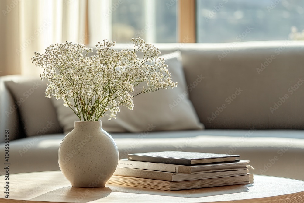 Aufkleber a ceramic vase with baby's breath flowers rests on a wooden table next to a stack of books, with a c