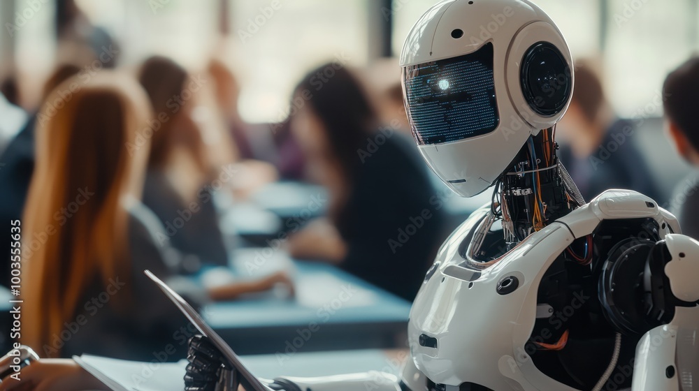 Poster robot in class, working with students, classroom, learning, future learning, robot learning, machine