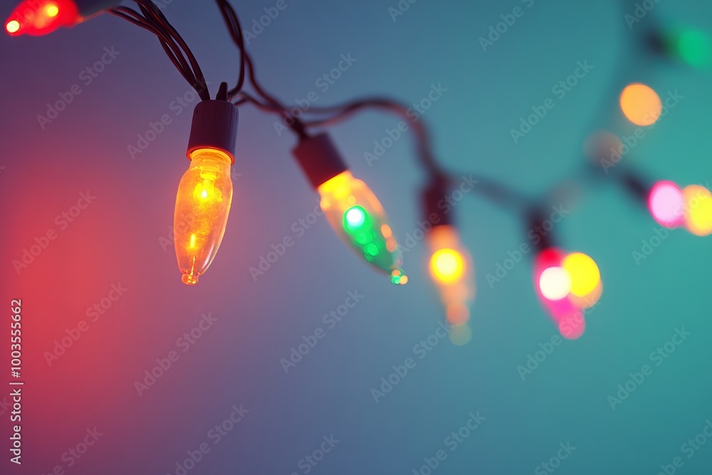 Poster a string of christmas lights with a blue background. the lights are multi-colored and are hanging fr