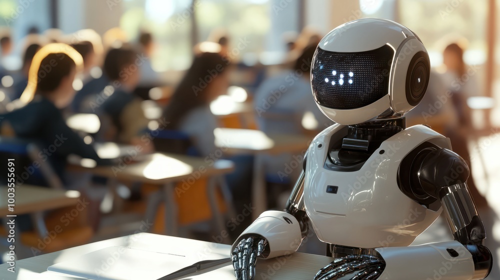 Poster robot in class, working with students, classroom, learning, future learning, robot learning, machine