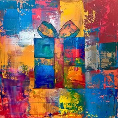 Abstract depiction of a festive gift with vibrant and bold colors.