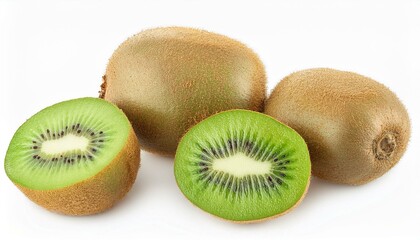 Fototapeta premium Kiwi and slices of ripe juicy kiwi isolated on white background. View from above.