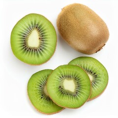 Fototapeta premium Kiwi and slices of ripe juicy kiwi isolated on white background. View from top