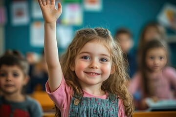 Fototapeta premium Little girl raises her hand in class. This image is perfect for educational themes, especially those related to learning, curiosity, and asking questions.