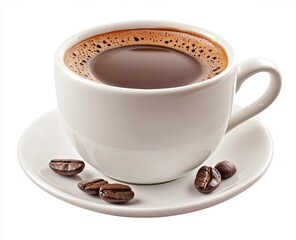 Fototapeta premium A white cup and saucer filled with coffee, with coffee beans scattered around the saucer.