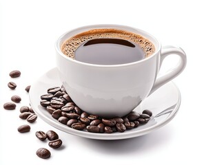 Fototapeta premium White cup of coffee with coffee beans on white background.