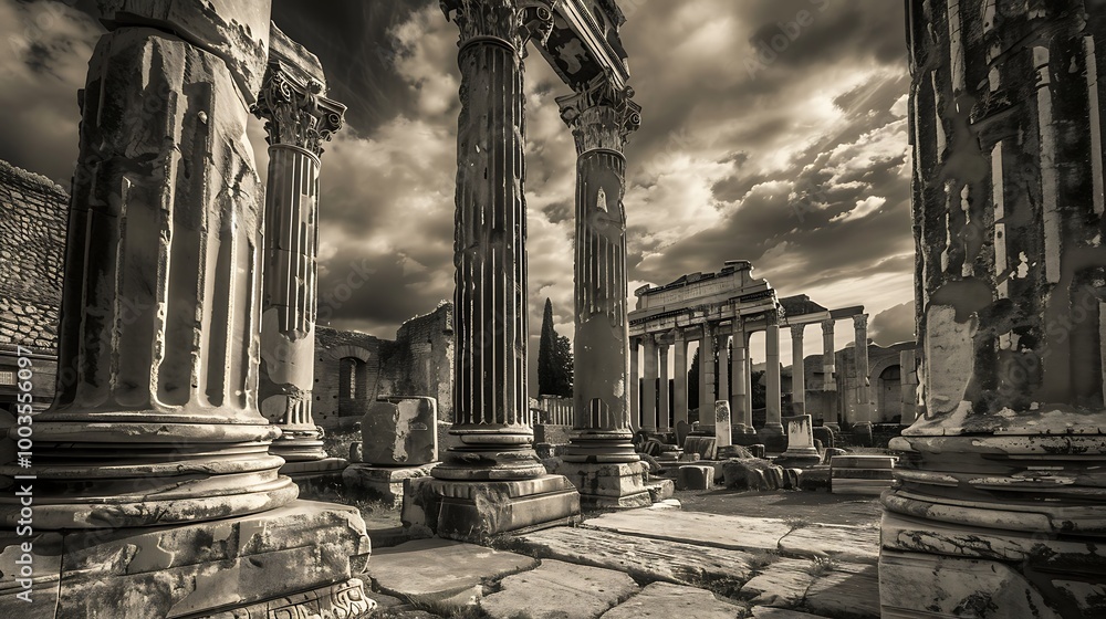 Poster ruins of ancient architecture. the large columns are weathered and worn, a testament to the passage 