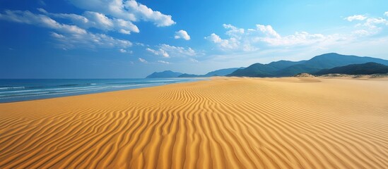 A tranquil beach with golden sand and blue sky with fluffy clouds.