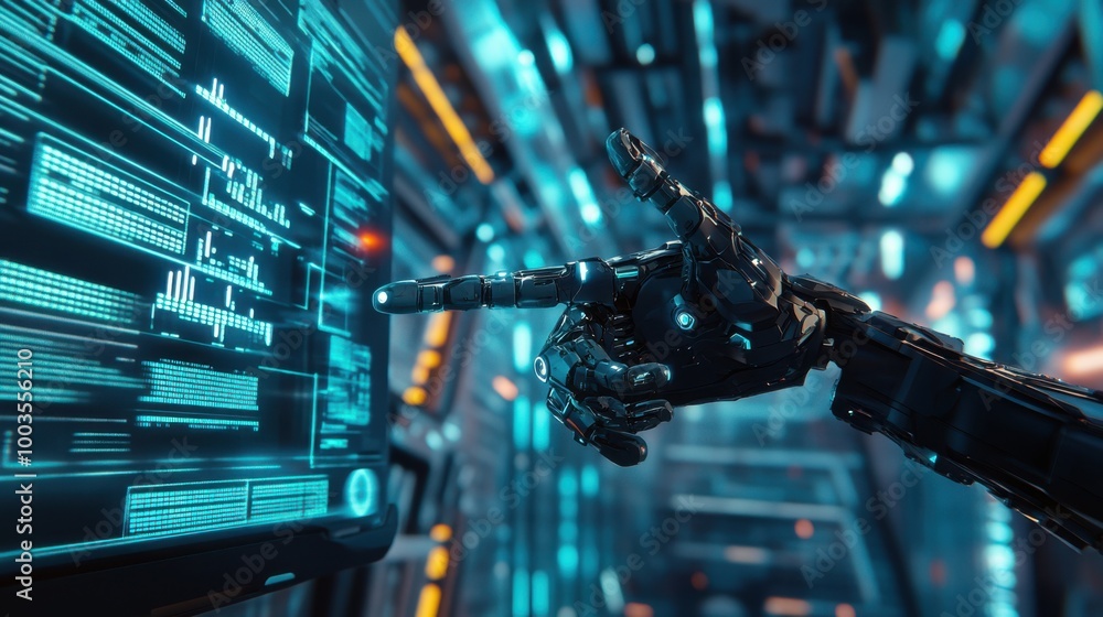 Aufkleber humanoid cyborg with bionic hand operating a futuristic ai cyber supercomputer, surrounded by